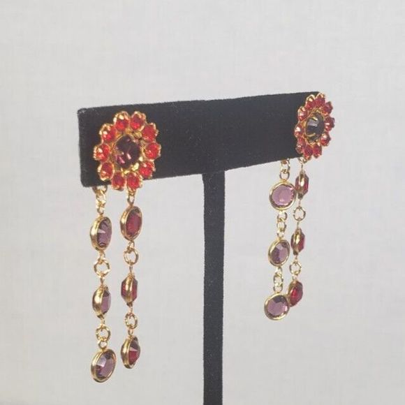 Red Hat Society Dangle Earrings Red Purple Gold Tone Chandelier Pierced - Picture 5 of 16